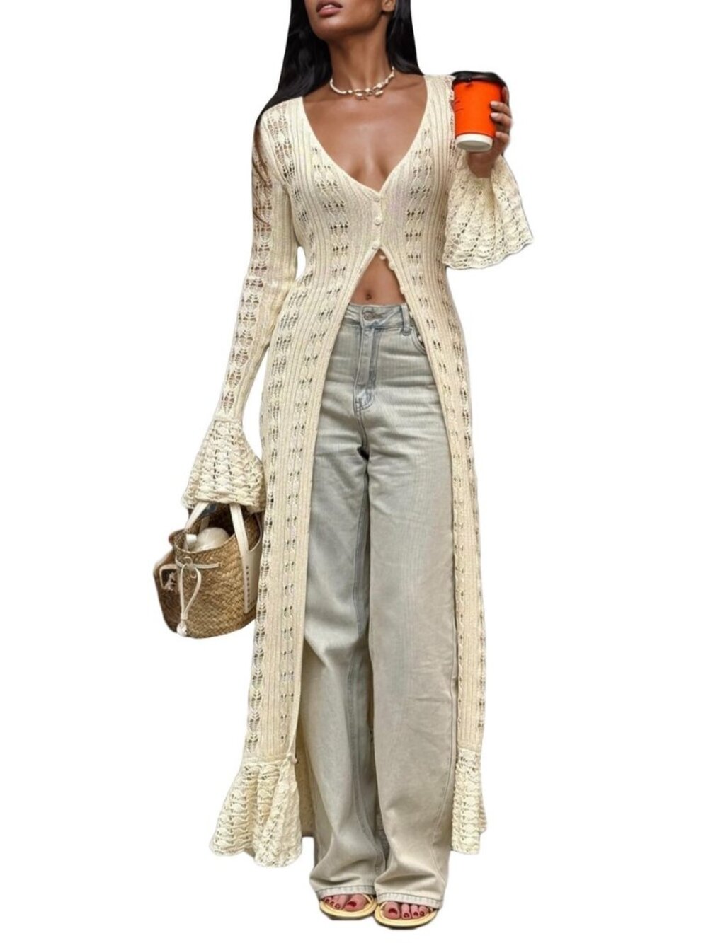 Long Cardigans for Women Crochet Hollow Out Knit Sweater Cover up Maxi Dress